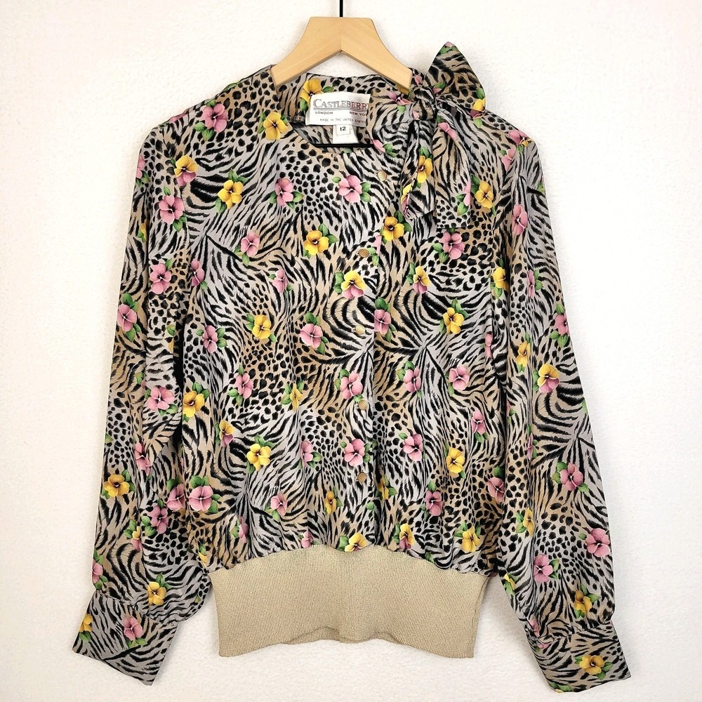 VTG 80s Castleberry Floral Animal Print Bow Blouse Sz 12 Mob Wife Maximalist USA